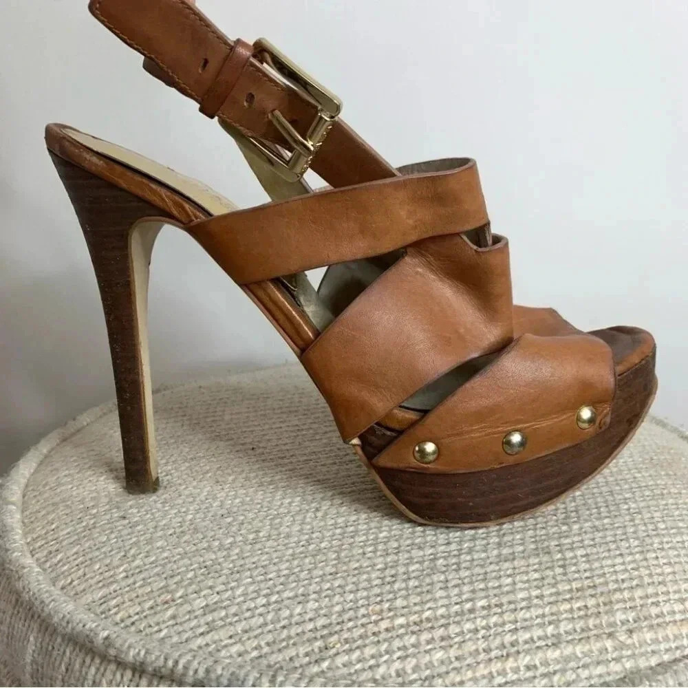 Michael Kors Tan Brown Leather High Heel Sandals  Buckle Accents 8.5M